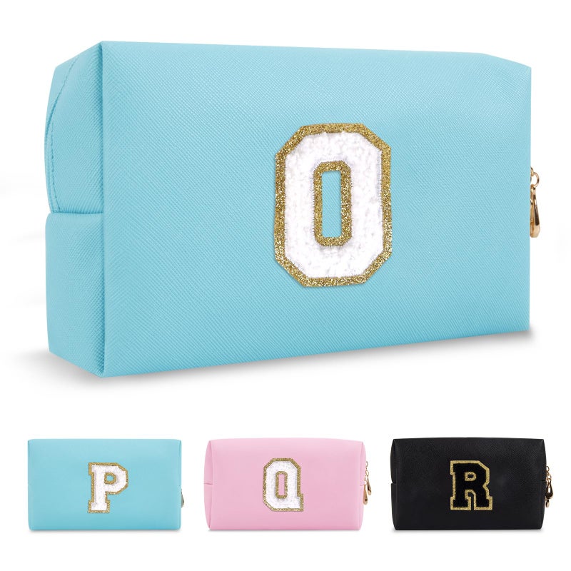 ChaoGreat Small Personalized Initial A-Z Preppy Patch Makeup Bag PU Chenille Letter Travel Cosmetic Pouch with Zipper Blue Cute Toiletry Bag Gift Ideal for Teen Girls Women Teacher Bridesmaid Letter O - Image 1